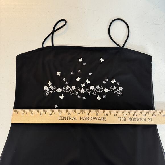 Vintage Y2K Mesh Embroidered Mini Dress Sz L Black Butterfly Flower Goth Grunge - Picture 11 of 12